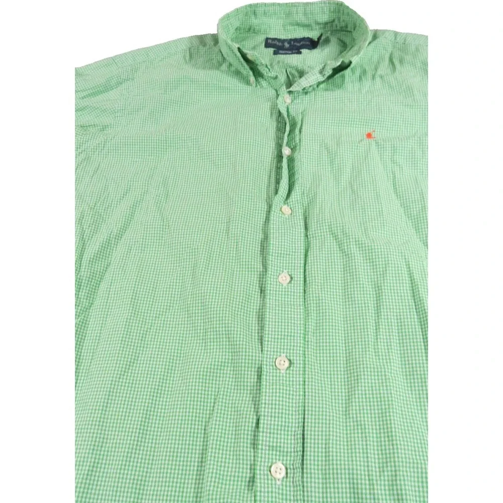 Polo Ralph Lauren Shirt Men L Green White Gingham Check Custom Fit Orange Pony